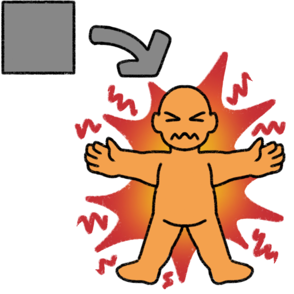 A grey square with an arrow pointing from it to a person with their arms and legs held out, with a pinched expression. Around them is a red, orange, and yellow burst with red squiggles.